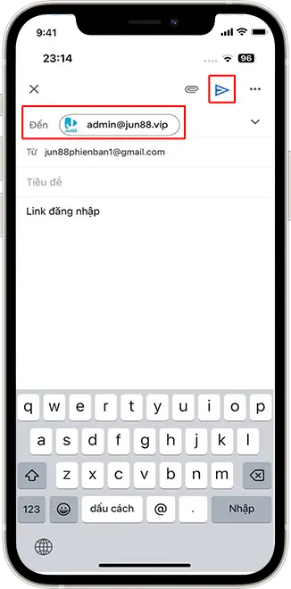 Bước 3: Nhập Gmail "admin@Jun88.vip" vào mục gửi đến. Nội dung gửi "Link đăng nhập" sau đó nhấn gửi đi